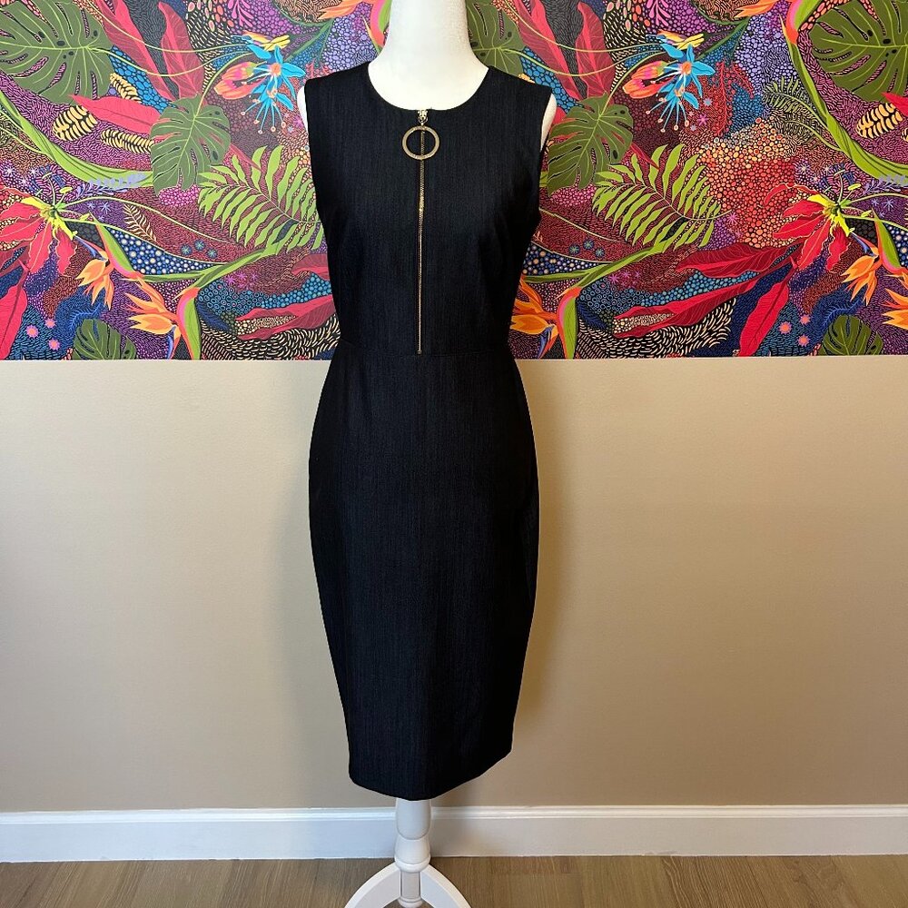 Calvin Klein Denim Sheath Dress with Gold Accents